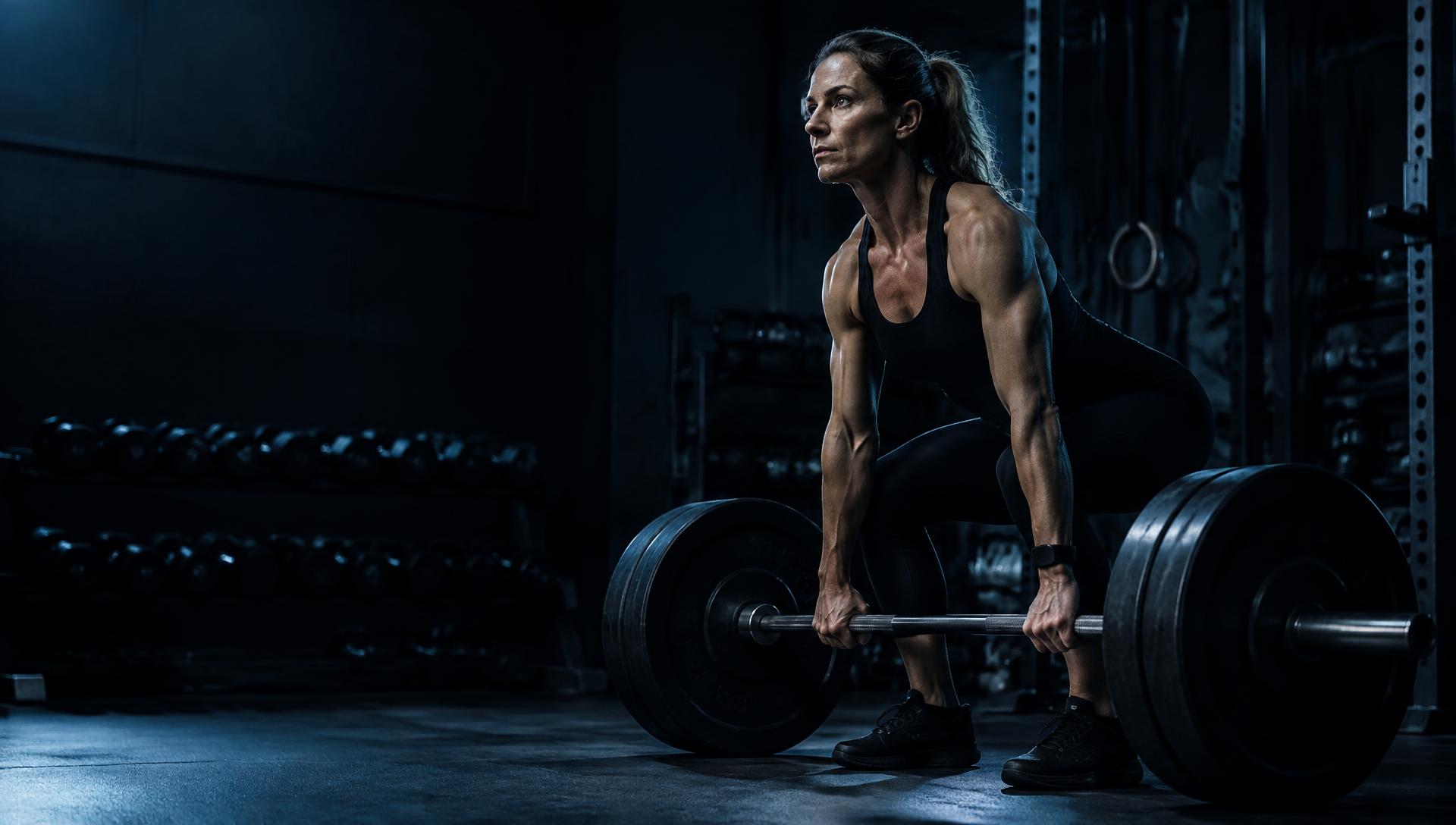 Woman confidently setting up for a barbell deadlift